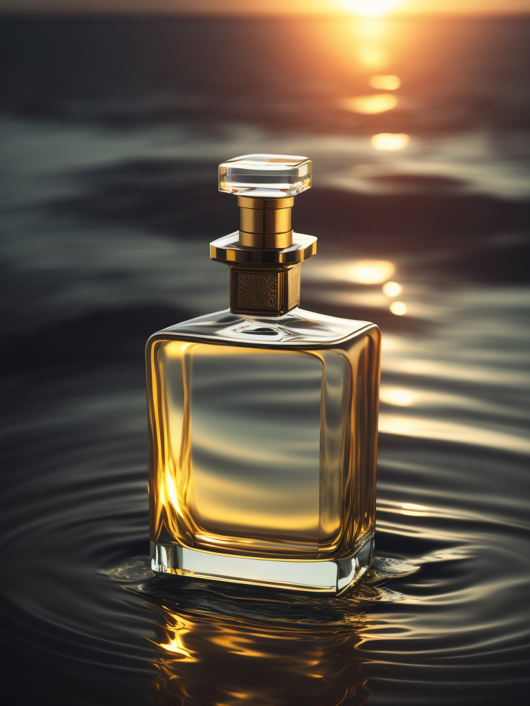 A delicate and noble glass perfume bottle was placed in the middle of the water，The sunlight asperses full, on the water flutters falls ，the petalhas ，the dewthe crystal ，clear feelingthe warm color tone,Headshot Center，the composition，Hyper，realistic style，realistic，photography，high detailhigh quality，high resolution，8k