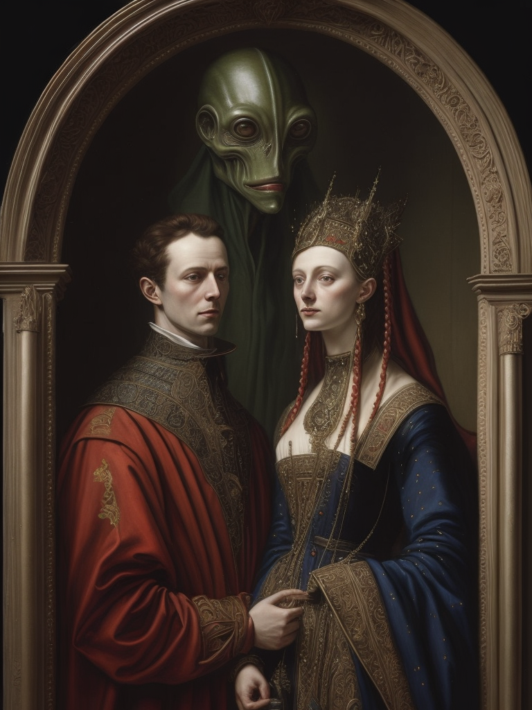 A maried women and her alien husband, painted by Jan Van Eyck, classical art, oil painting, renaissance art, science-fiction objects in the room, Jan Van Eyck style