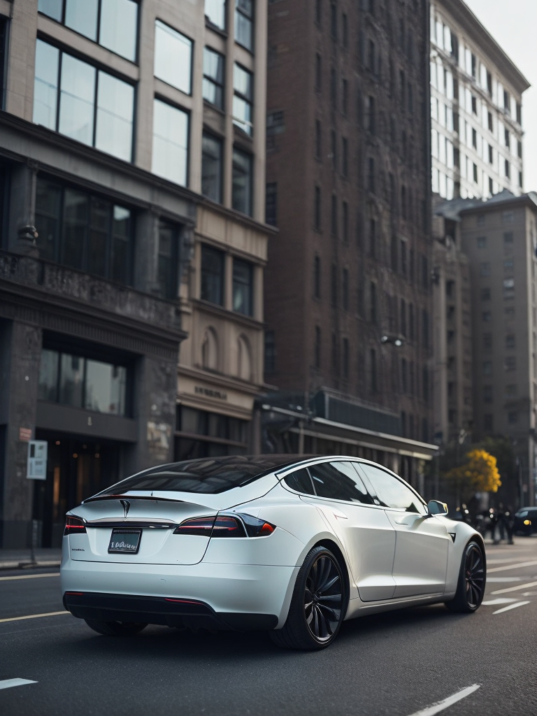 white tesla 3 in the city traffic