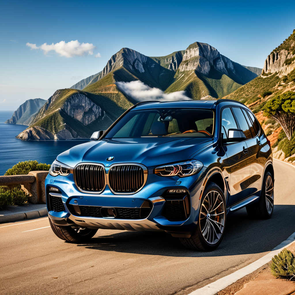 A beautiful BMW SUV standing on the mountain road, blue sea in the background of car, highly detailed car, highly detailed matt finish colour, highly detailed Alloy Wheels, Orange road, ultra realistic, photorealistic, 32k.