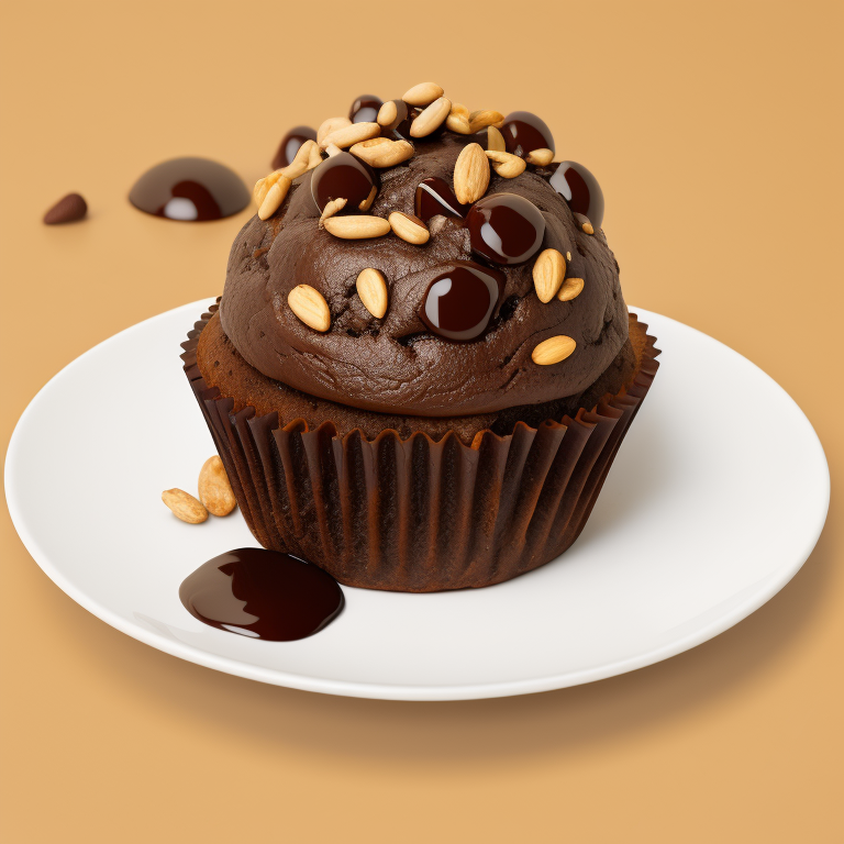 chocolate muffin with nuts on a plate, focus on details, high quality photo