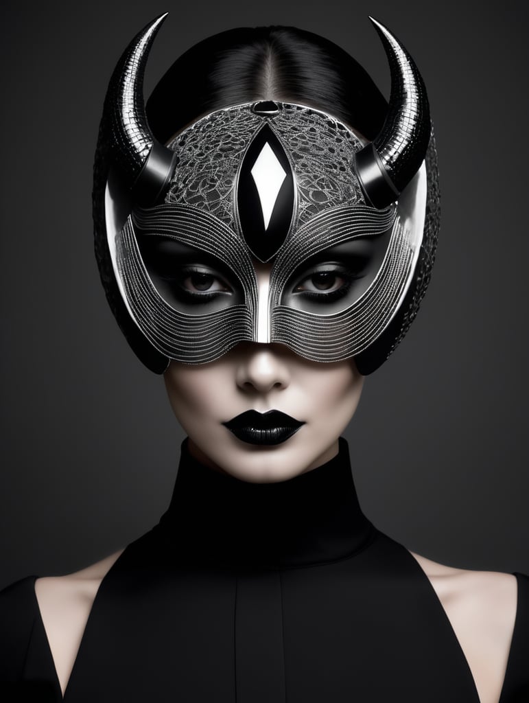 mujer albina portrait with craft mask, minimalist, gloomy, mystical, inspired by the Bauhaus, contemporary, gray scale, totally black background