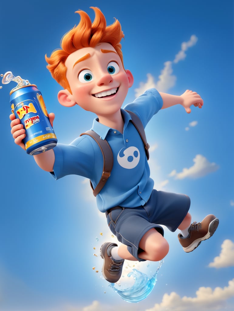 Ginger Disney Pixar-style teen boy with braces drinking an energy drink. Full-body. Action pose jumping in the air.