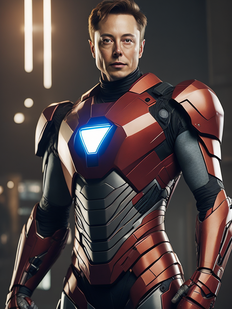 Elon Musk in the Iron Man suit from the Marvel Universe, Full body, high definition, photography, cinematic, detailed character portrait, detailed and intricate environment,