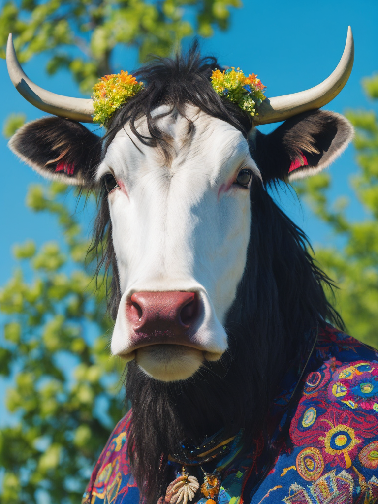 Envision a hyper-realistic, high-resolution image capturing a unique sight: a hippie cow with a beard. The cow is adorned with symbols of peace and love, its fur patterned with vibrant, psychedelic colors. A thick, shaggy beard hangs from its chin, adding to its unconventional appearance. The cow stands in a lush, green pasture under a clear blue sky, embodying the free-spirited ethos of the hippie movement. The colors should be a mix of the natural hues of the cow and the pasture, contrasted with the vibrant colors of the hippie symbols. The composition should be a mid-shot, focusing on the cow and its unique features.