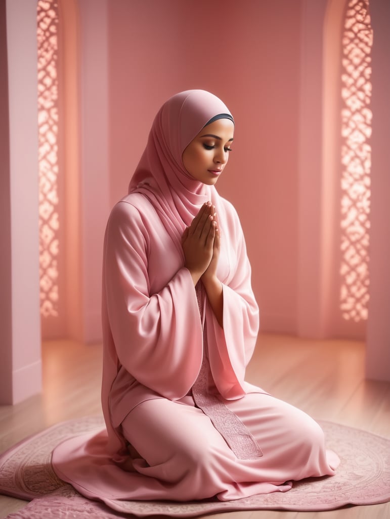 A Muslim lady in a room coloured with pink praying with her body covered