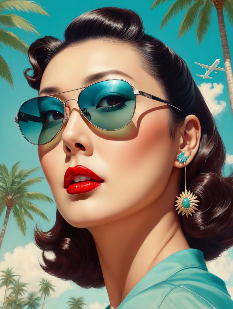 Pin up art, portrait, a old Japanese mafioso raised his head up, looks at the sky, sunglasses, one airplane flies in a clear sky and leaves a mark, summer, palms around, palms reflected on a sunglasses, turquoise shades, style by Gil Elvgren