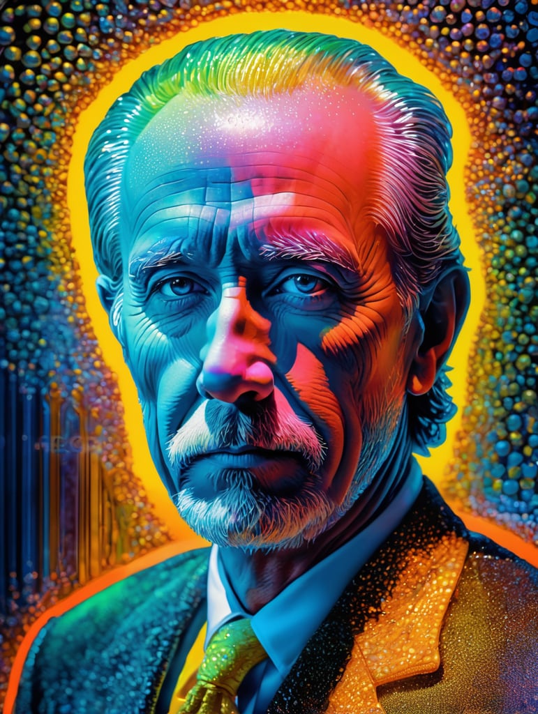 Fine Art Fluorescent Pointillism Sci-fi Surrealism Photography, Futuristic Mickey Mouse, Portrait made of hyper-detailed transparent frosted plastic, Moebius Bernard Buffet, van Gogh, Vermeer, Erin Hanson, Pierre Soulages, National Geographic, textured depth, vibrant fluorescent hyperrealism photo