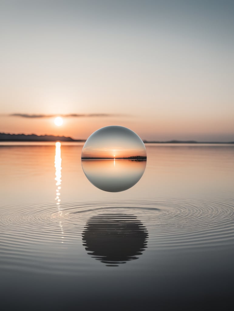 minimal, simple white sphere hover above the water, just the horizon on the background