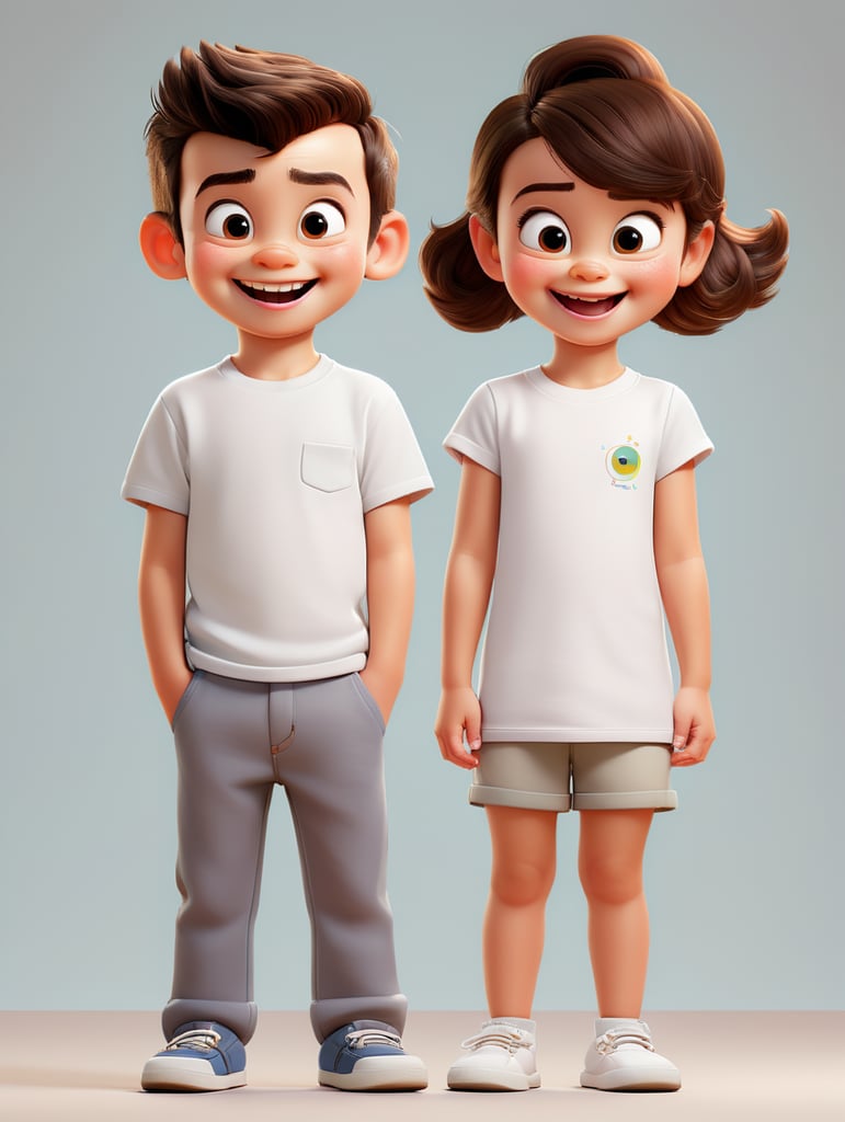 a Little boy and girl wearing white t-shirts, standing in front of ping background, blank shirts no print, 3 years old smiling toddlers, photo for apparel mock-up