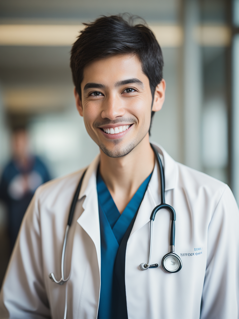 happy doctor in hospital lobby, bright daylight, ultra-realistic, sharp focus, detail, 70mm, cinematic, film, realistic, photography