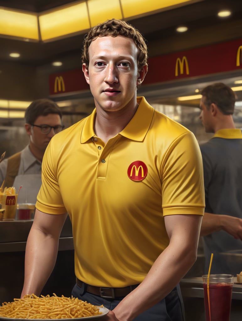 Mark Zuckerberg als McDonalds Arbeiter. total verschwitzt, Gelbes Poloshirt