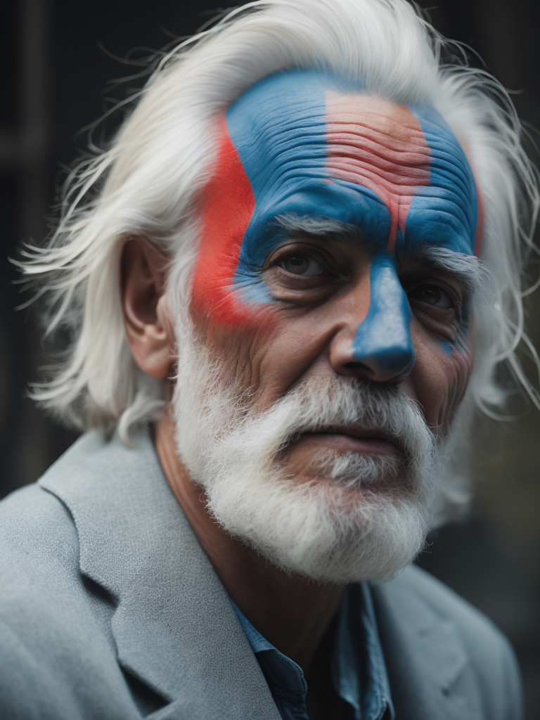 a man with white hair and a face painted like a man with red and blue circles on his face by Alejandro Jodorowsky