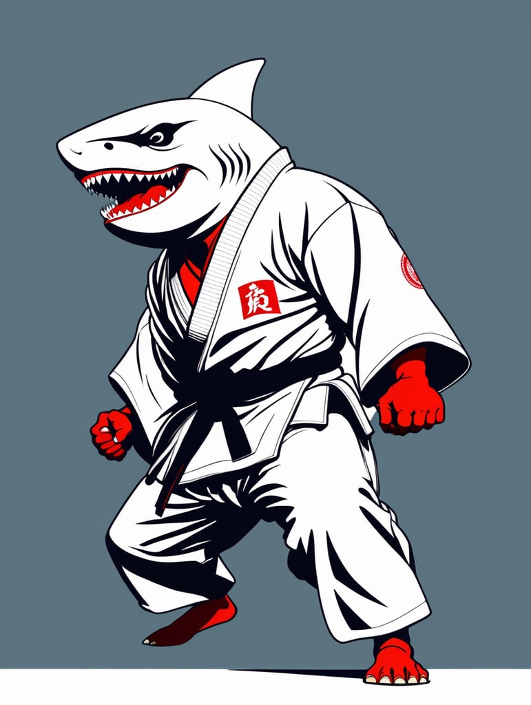 humanoid shark in judo kimono stay in action pose and angry face