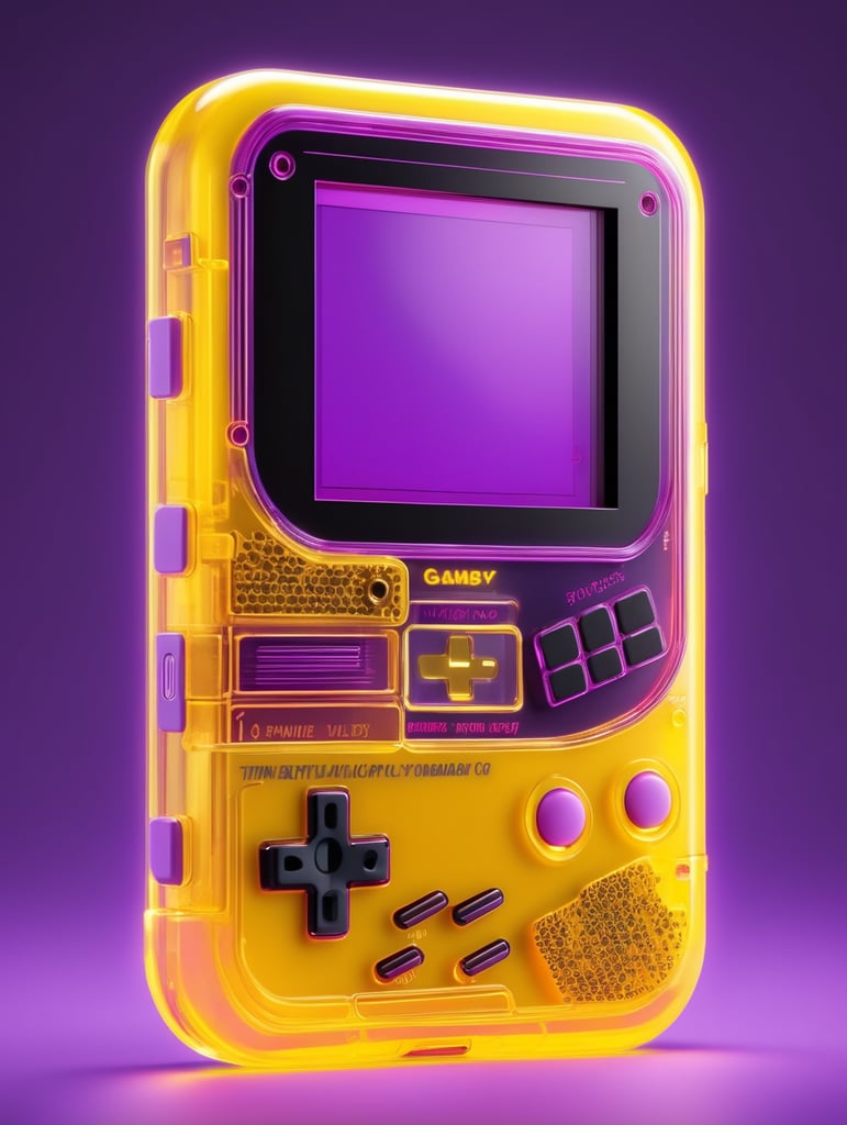 3d render retro tiny cute yellow game boy translucent plastic case, neon light, purple background