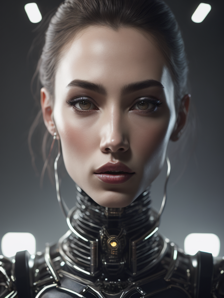 Portrait of a robot girl, enormous lips, transparent neck, porcelain face and head, robotic parts, cyberpunk, cable electric wires, hyperrealistic, fantasy, octane render, intricate, concept art, professional studio lighting