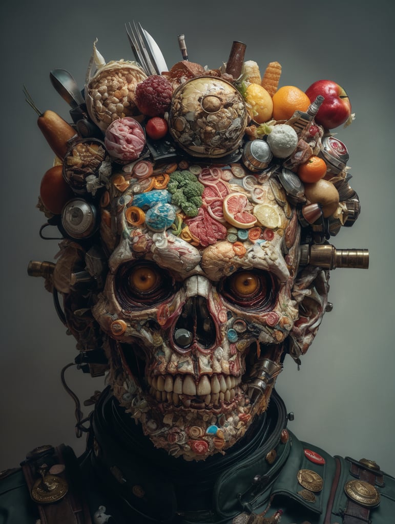 The anatomy of a zoombie head made of junk food, an ultrafine detailed painting by james jean, octopath traveler, behance contest winner, vanitas, angular, altermodern, surreal