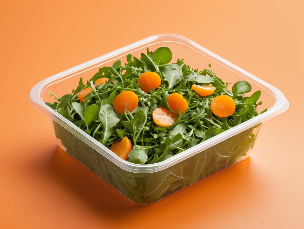 blank Transparent Plastic Container with Arugula Salad, isolated, orange background, Mockup, mock up