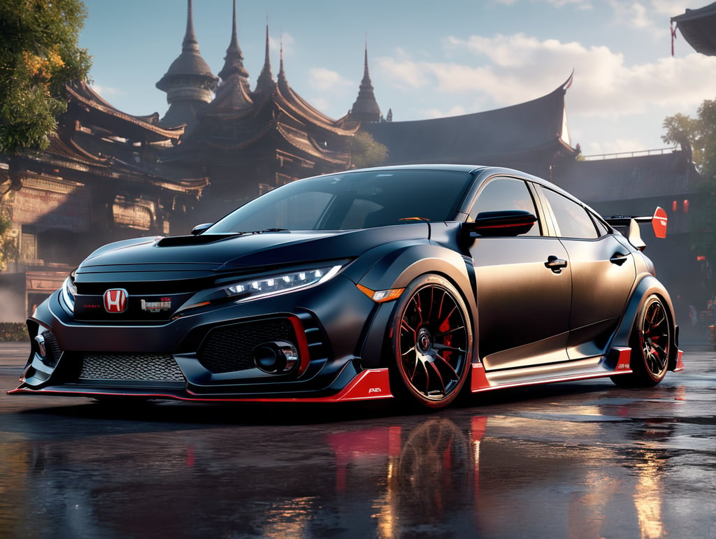 A videogame rendering of a futuristic version of a Honda civic type-r, Asphalt 9 Legends garage style, incredible graphics, 4k