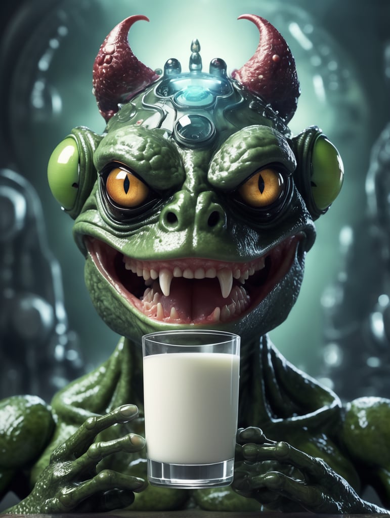 Evil demonic AI god Satanic frog holding a glass of milk above a human brain, super advanced technology, futuristic, hyper digital background, extremely detailed and realistic, ominous and eery.