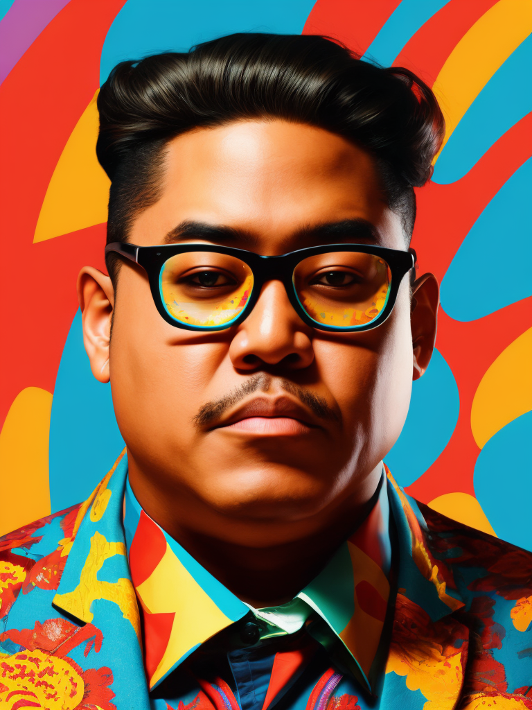 Israel Kamakawiwoʻole wearing a brightly patterned jacket and wayfarer glasses, Vivid saturated colors, Contrast color