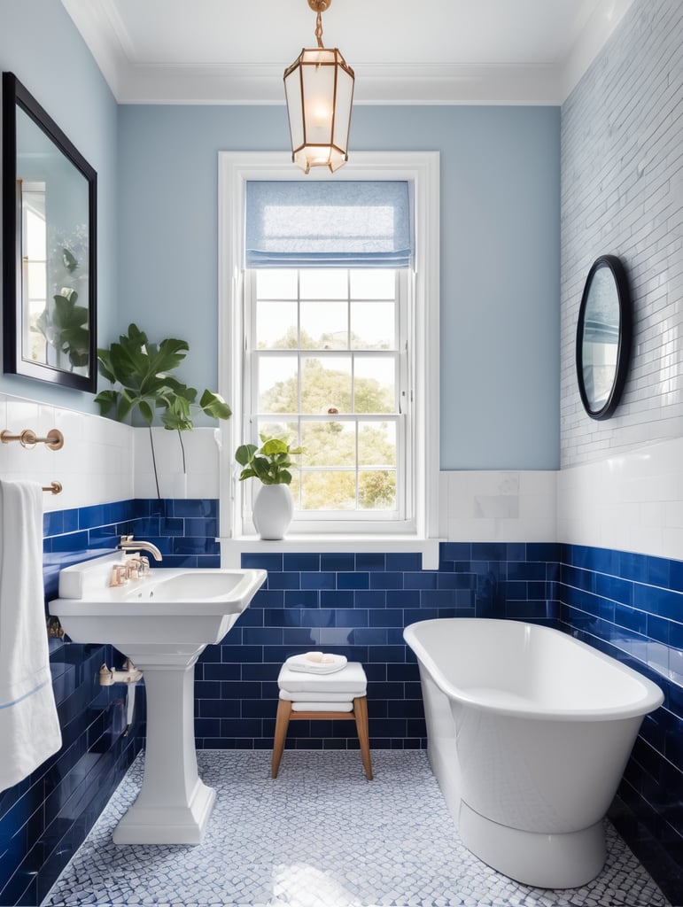 interior, bathroom in a victorian architectural style, clean modern design featuring blue and white color scheme, beautiful light