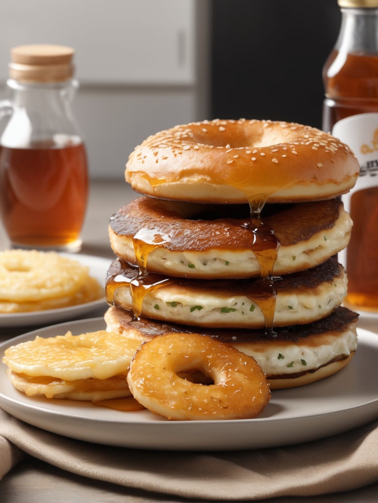 ultra-realistic 4k image of toasted bagels with hash browns, next to a stack of pancakes with maple syrup