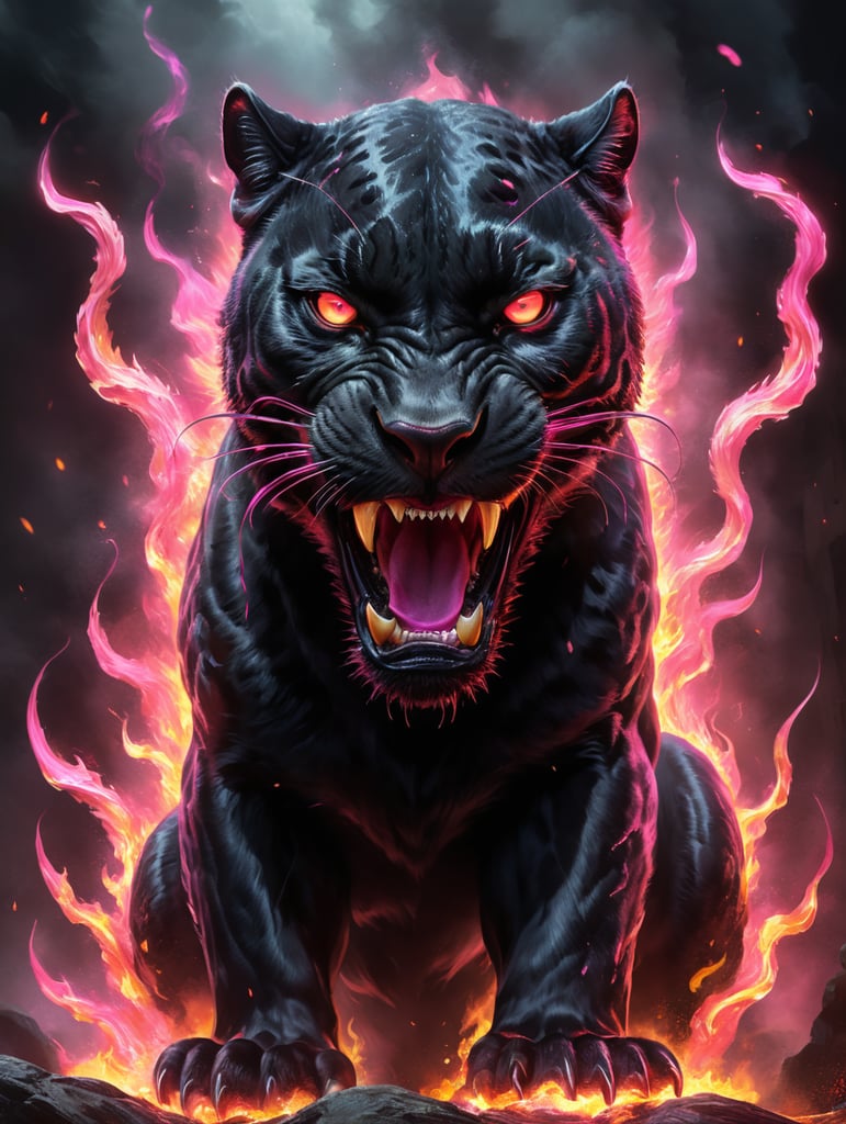 A fierce black panther with pink eyes and pink fire