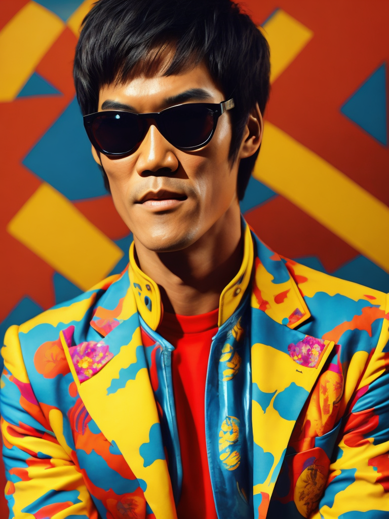 Bruce Lee wearing a brightly patterned jacket and wayfarer glasses, Vivid saturated colors, Contrast color