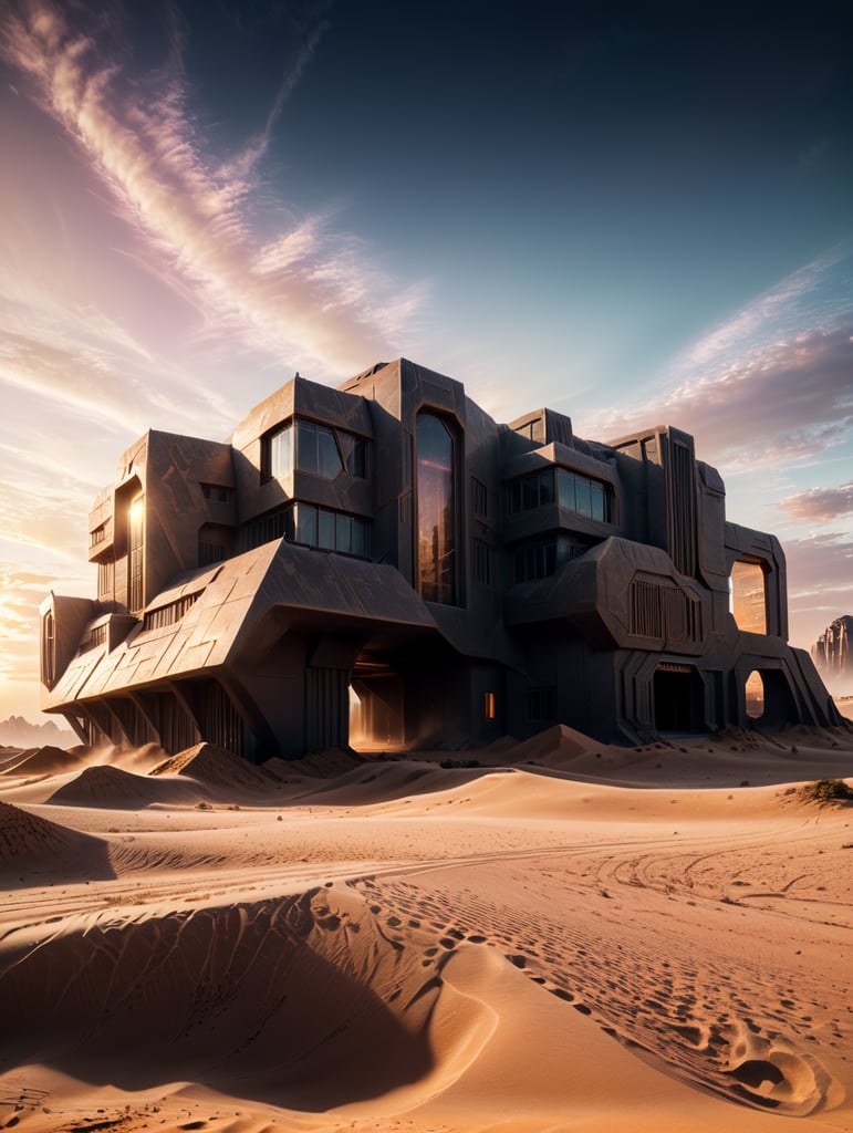 desert background light brown sand with futuristic building in sunrise,portrait size,hyperrealistic, —ar 16:9