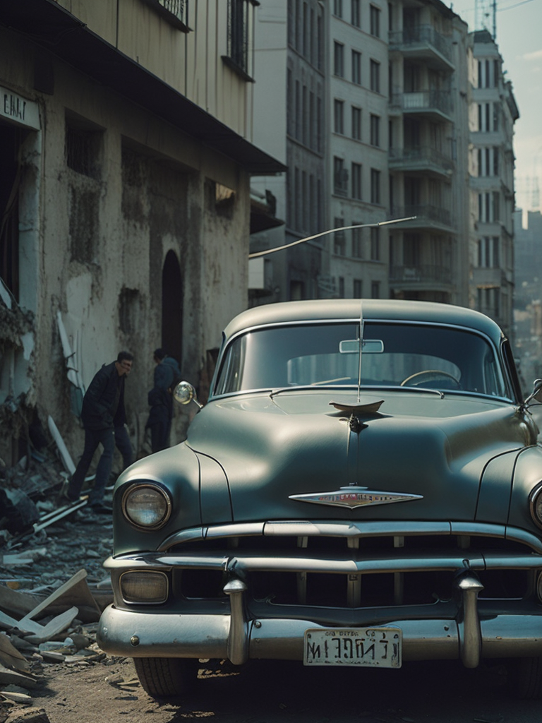black and white photo of a 1952 Gray Chevrolet goes through bombed European city, world war 2