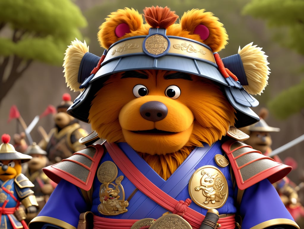 Fozzie the bear (from Jim Henson's muppets) dressed as samurai warriors