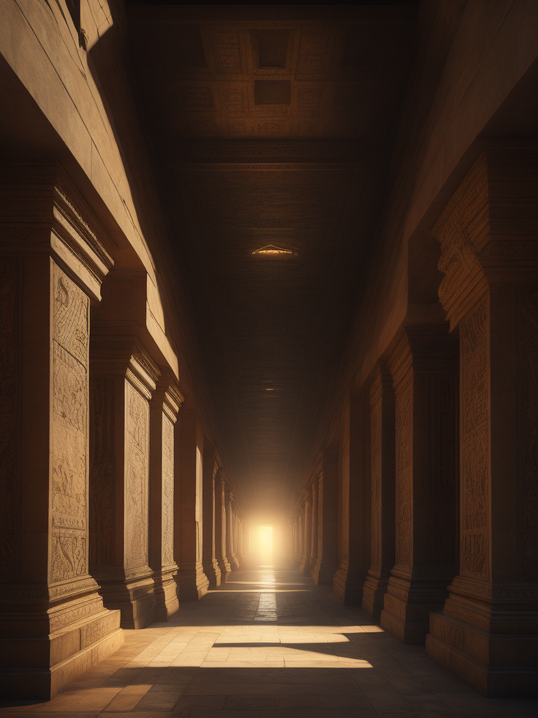 egyptian grand gallery, ancient corridor of a pyramid, story book illustration, perspective, old ruins,