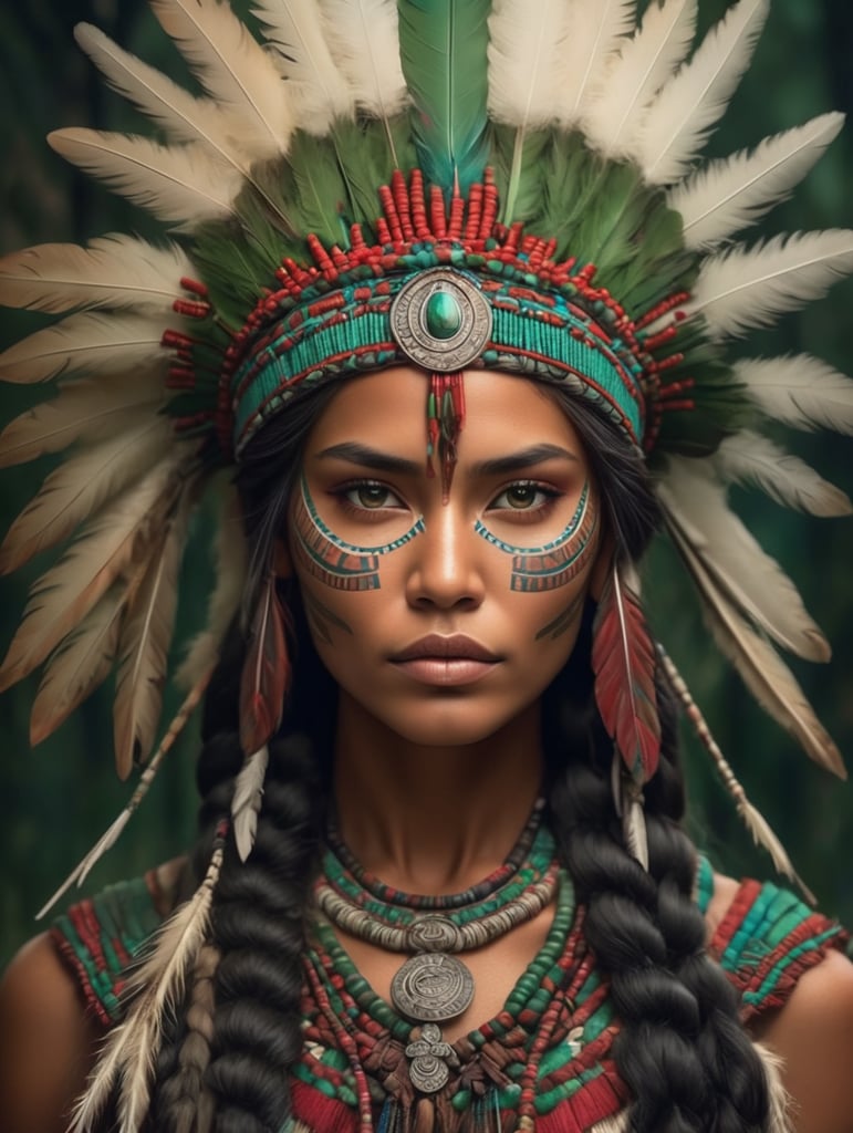 Crie uma cabocla com tranças longas e rosto indígena, de expressão misteriosa. seu cocar deve conte cores verde, vermelho e azul o fundo deve ser de uma mata.