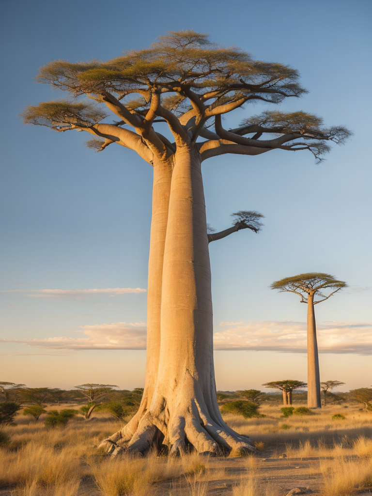 Baobab tree, savanna, sunset, high detail