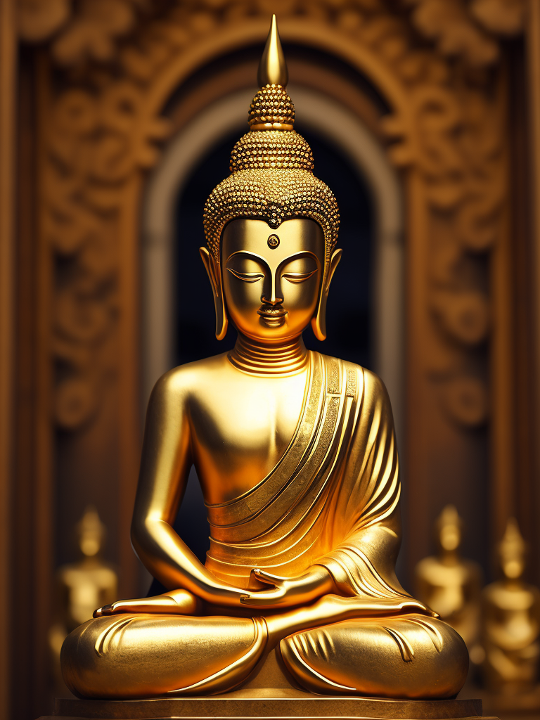 Golden statue of Buddha on the background of the temple decorated with gold, detailed background, highly detailed, sharp focus, Dramatic Lighting, Depth of field, Incredibly high detailed