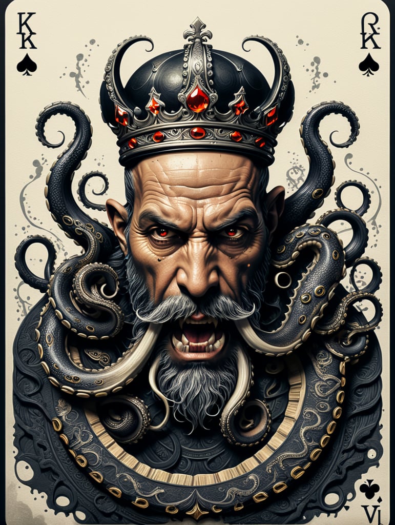 king octopus of clubs playing card, face card, linocut art style, black ink, ultra realism, simple lines, vector