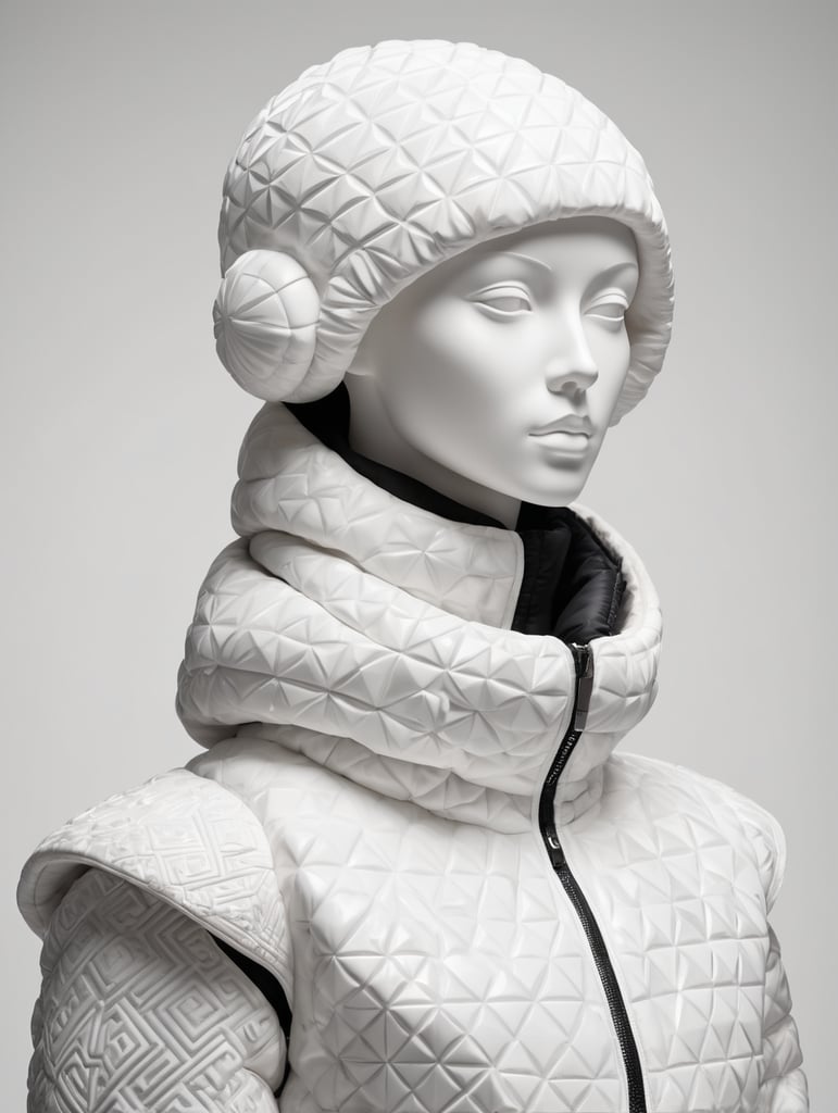 An ancient marble statue wears a modern puffer jacket of geometric pattern. Isolated black background.