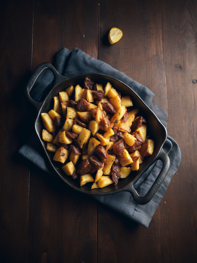 fried potatoes with juicy fried meat on a wooden background