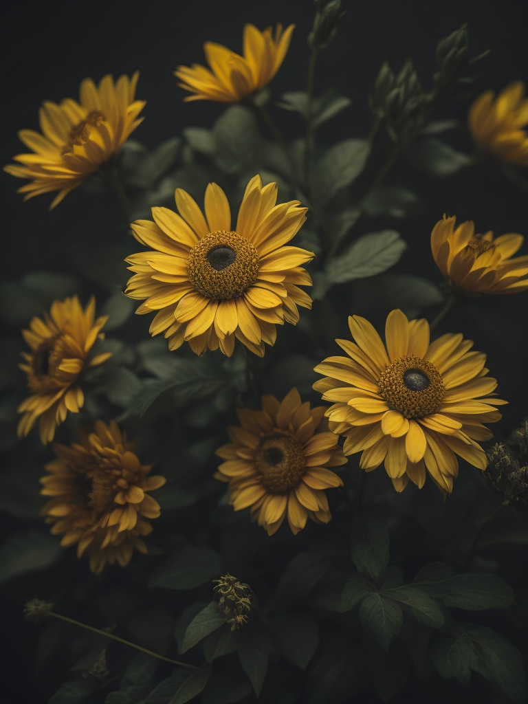 yellow flowers, dark atmosphere, deep colors, clear details