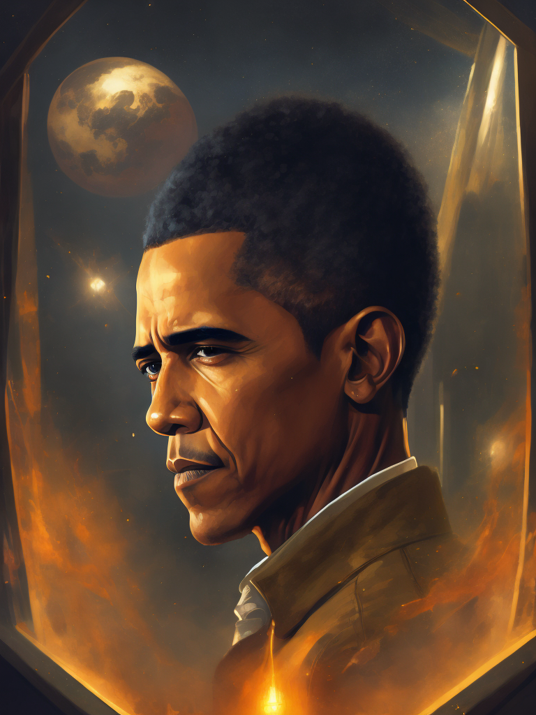 Barack Obama, Hero portrait, Illustration, Painting, Fantasy, Sci-Fi, Cover Art, USA , style of Vincent Di Fate