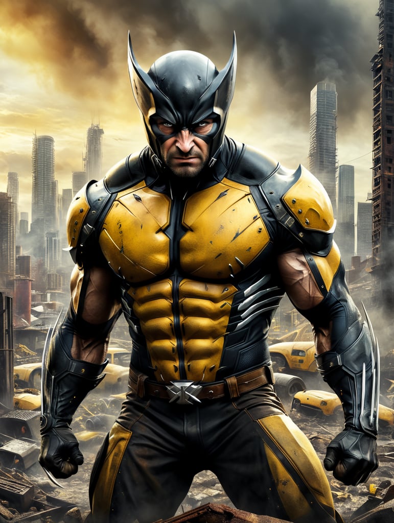 Jeremy Allen White as Wolverine from the Xmen in the Yellow and black costume, claws extended, coming out of a post apocalyptic, smokey, urban cityscape.