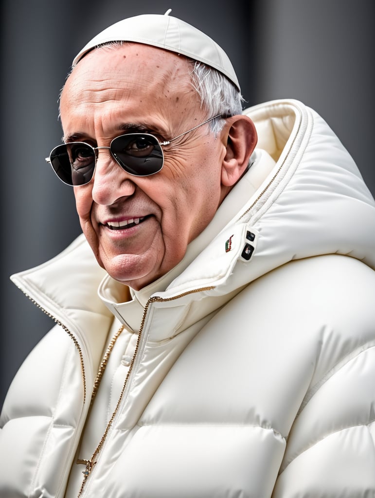 Professional photo of a glamour Pope Francis looking stylish in a white puffer jacket