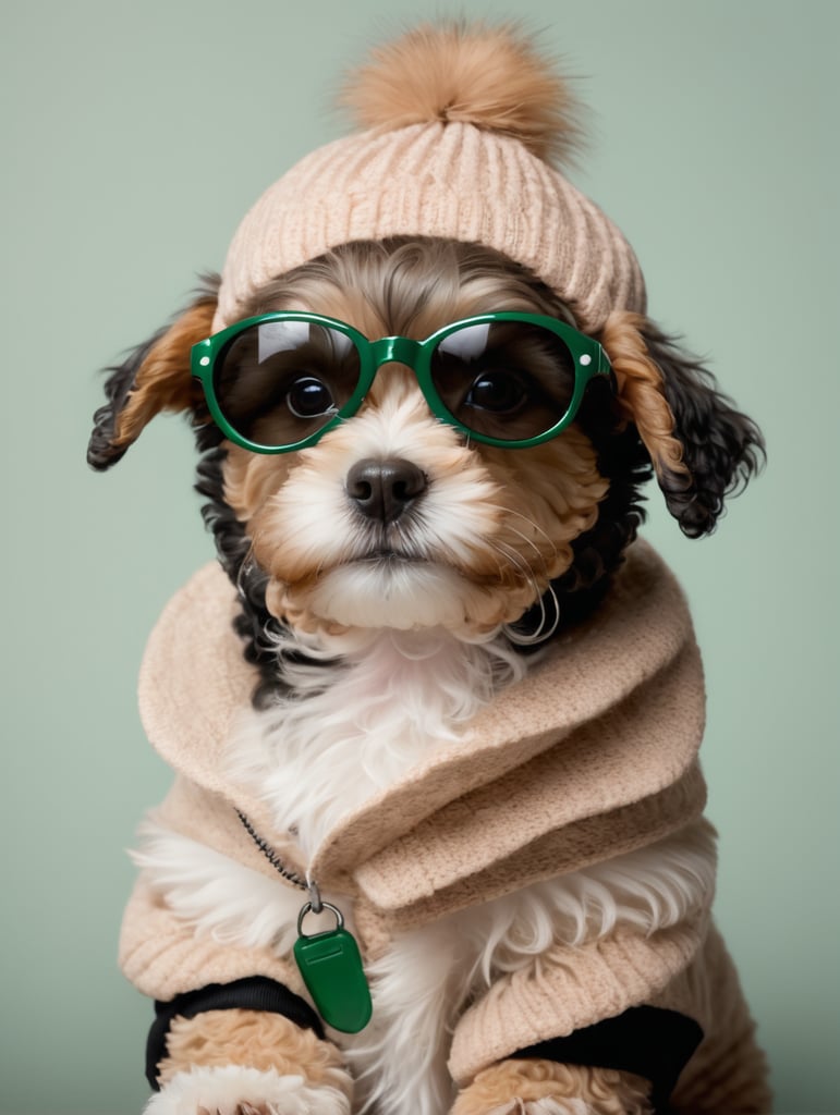 portratit Maltipoo puppy in apricot color wearing green sunglasses