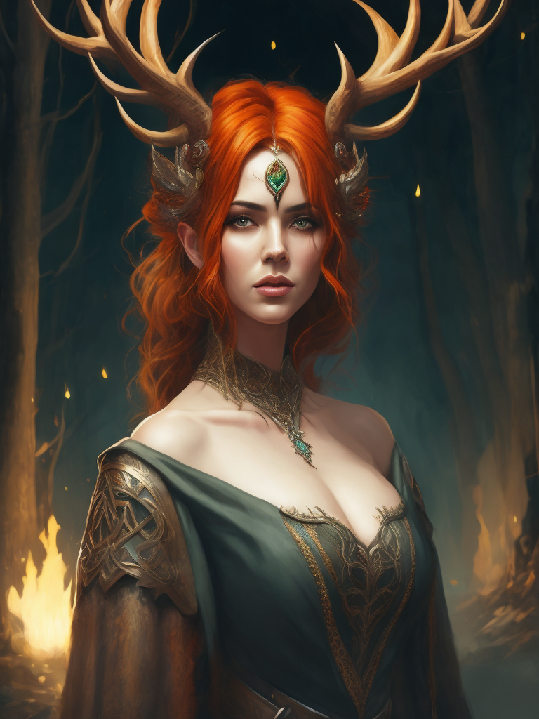 celtic pagan red haired woman wearing antlers on her head, regal goddess, beautiful, in a forest, wearing ancient goddess robes with celtic embroidery, has a staff, dark evening background