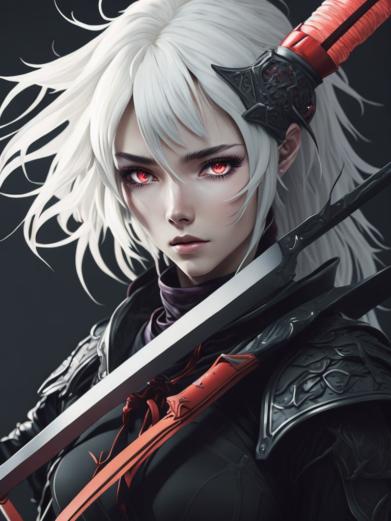 Create a digital artwork featuring an anime girl with white hair and red eyes, holding a sword