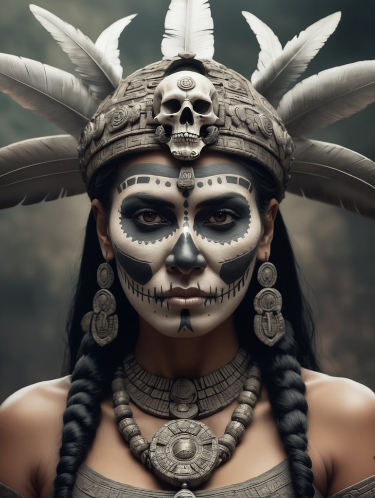 A realistic photo of Itzpapalotl, aztec deity, woman with a skull face, head and shoulder portrait