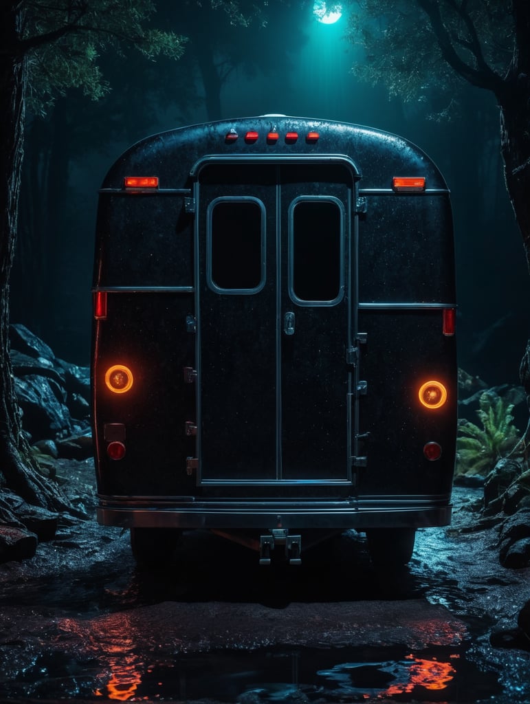 Alien camping trailer made of black alien liquid, translucent with neon lights, liquid dripping from the trailer, dark atmosphere