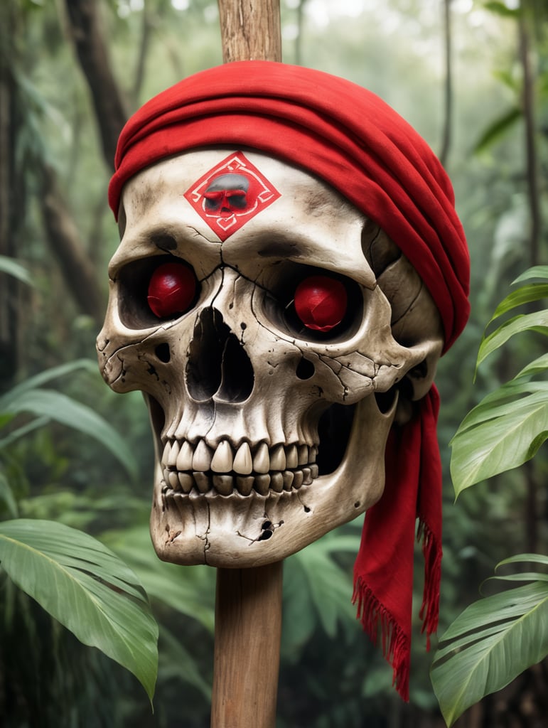 a skull with a piece of red cloth over the eyes ritualistic placed on a wooden stick,in a jungle village, aztec, water color