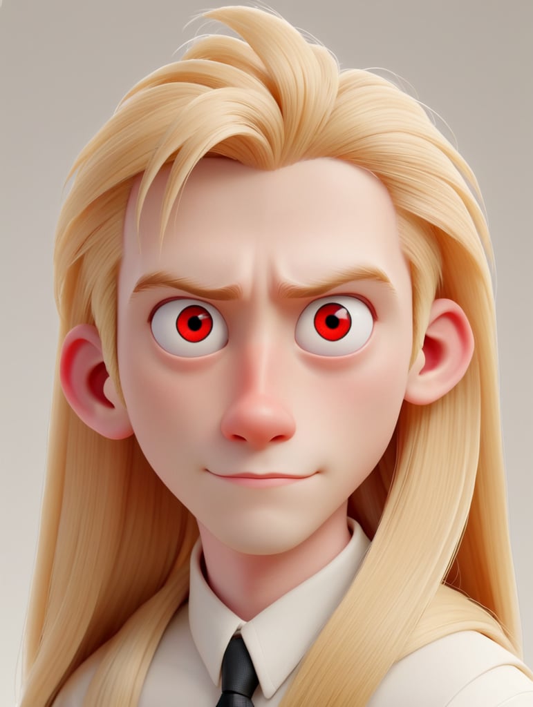 Young pale man, red eye, very long blonde straight hair
